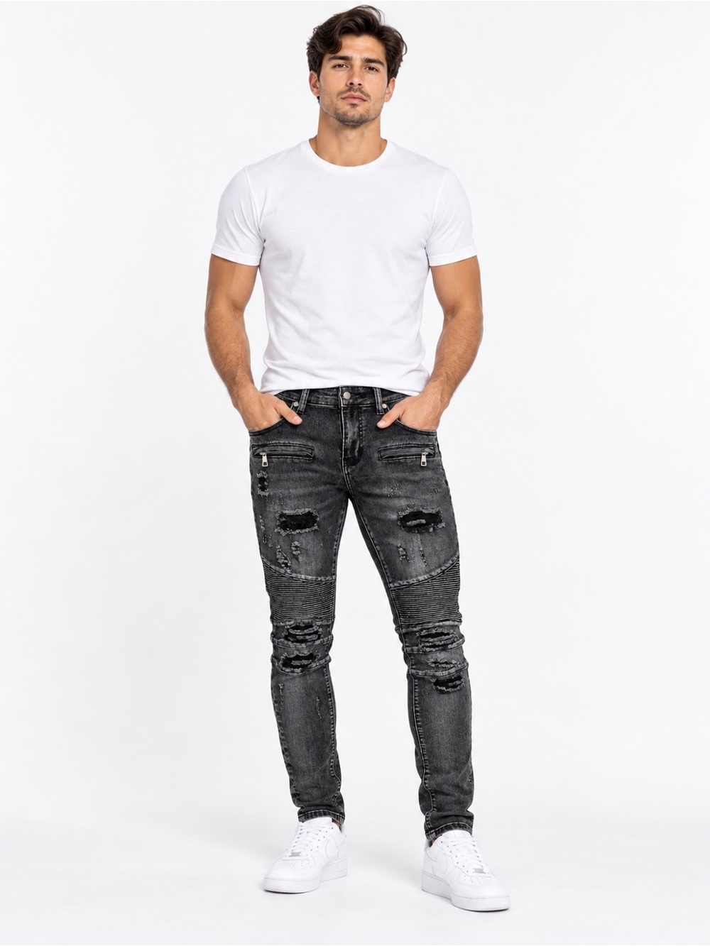 Men's Skinny Distressed Ribbed Knee Jeans - Black